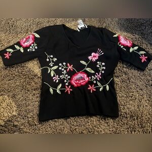 Black Floral Embroidered V-Neck Blouse with Pink Rose Detail